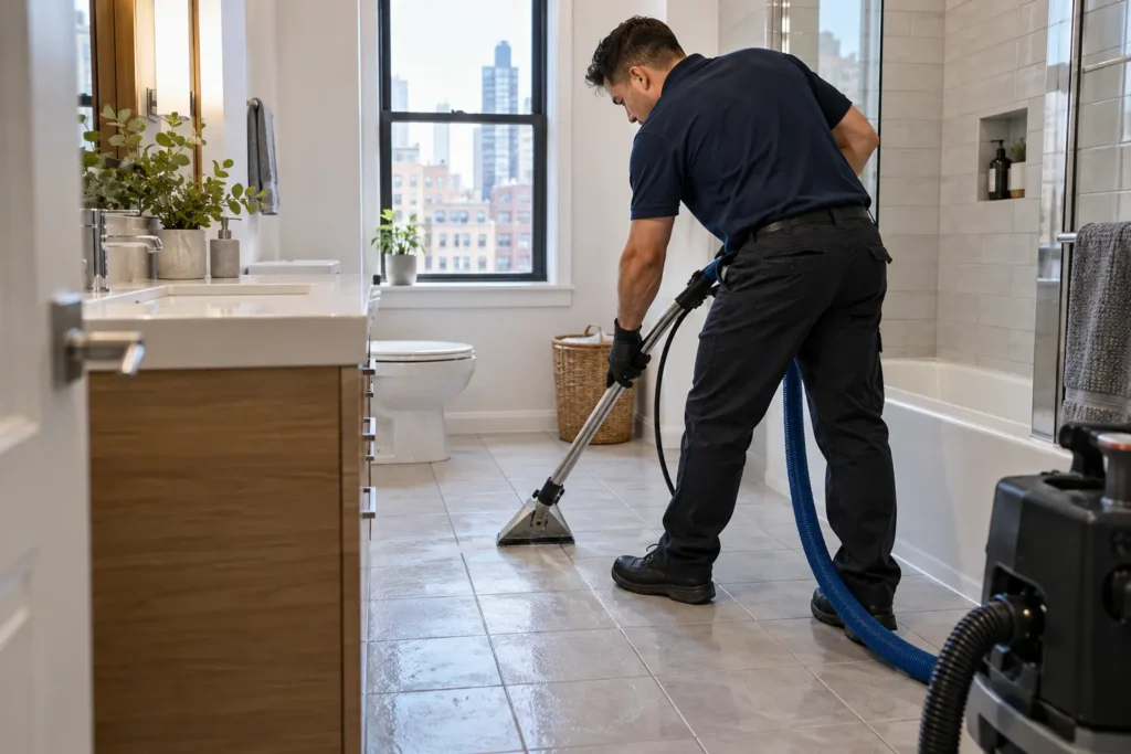 Professional technician cleaning tile and grout in a NYC property