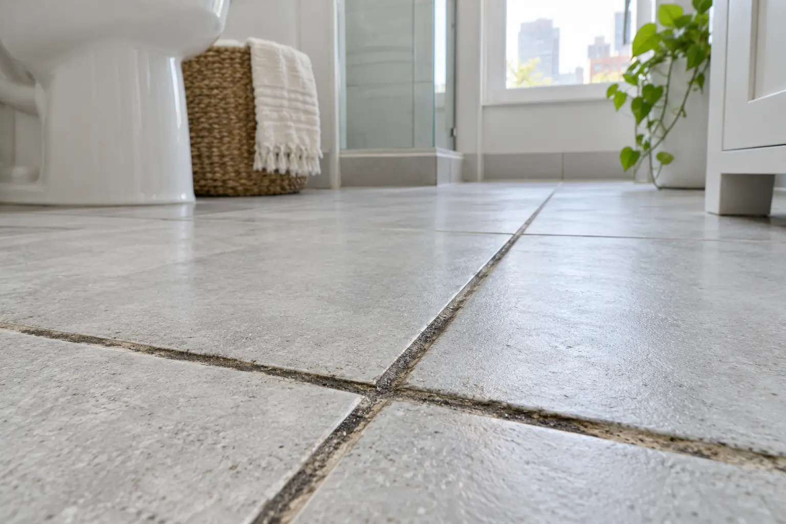 Darkened grout lines on a tiled floor